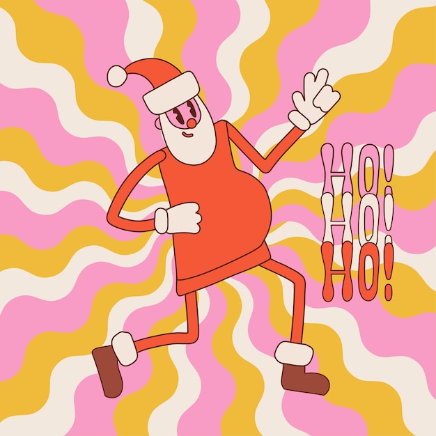 Groovy cartel de navidad divertido personaje de santa claus bailando disco plantilla de tarjeta retro estilo feliz