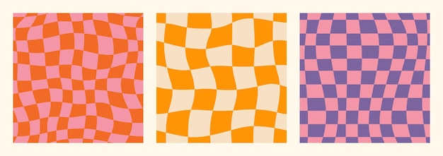 Groovy Checkerboard Seamless Patterns Set Fondo de cuadrícula abstracto psicodélico en estilo retro de los años 70