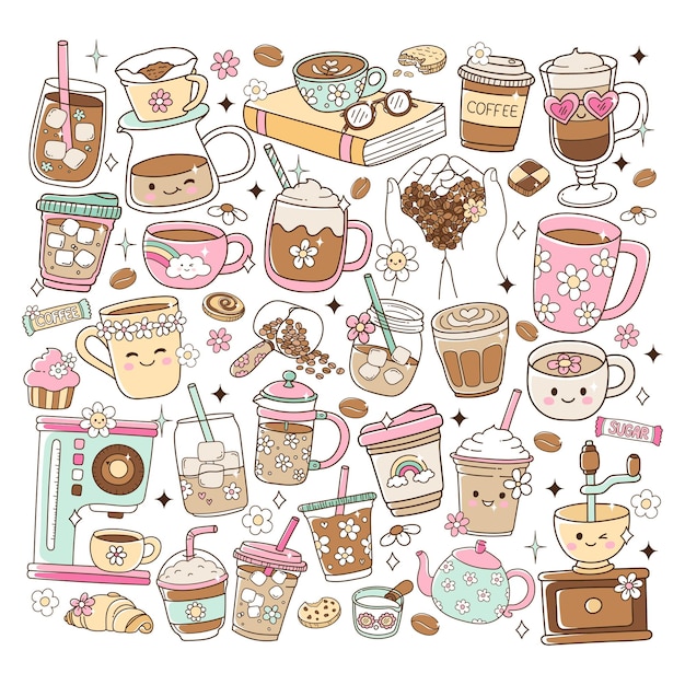 Groovy Coffee Lover Barista Suministros de cafetería Doodle Estilo de dibujos animados Elementos dibujados a mano Vector