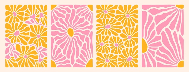 Groovy conjunto de arte de flores abstractas Formas de garabatos orgánicos en el moderno e ingenuo estilo hippie retro de los años 60 y 70