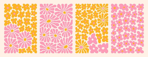 Groovy conjunto de arte de flores abstractas Formas de garabatos orgánicos en el moderno e ingenuo estilo hippie retro de los años 60 y 70