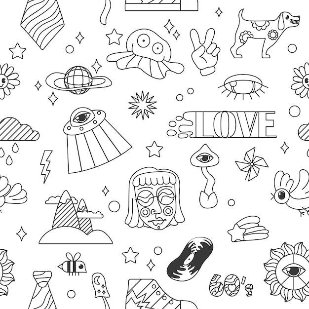 Groovy dibujos animados psicodélicos contorno patrón sin costuras con gracioso hippie emoji y personajes conjunto