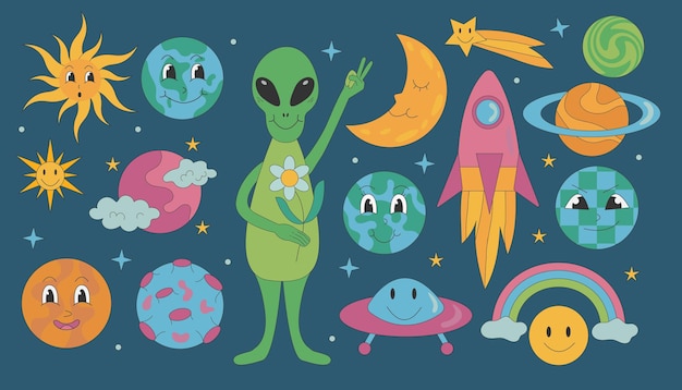 Groovy diferentes planetas con carácter y luna sol alienígena sobre un fondo oscuro en estilo retro