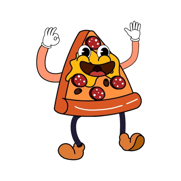 Vector groovy divertido pizza rebanada personaje de dibujos animados vintage hippie 70s doodle cómico personaje brillante