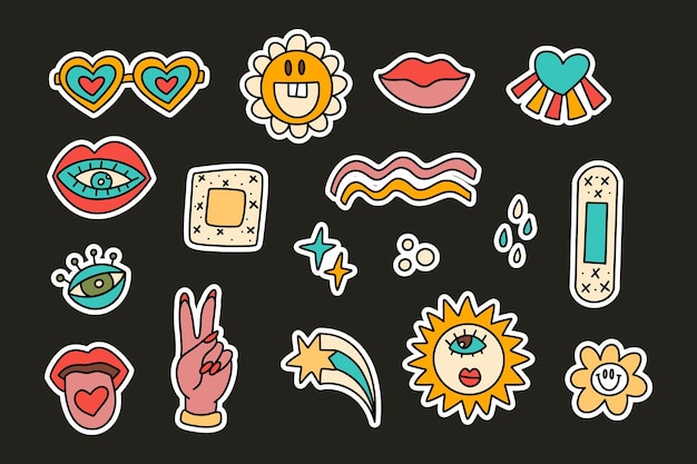 Groovy doodle cartoon funky sticker set Vector funky flor corazón labios y gafas icono