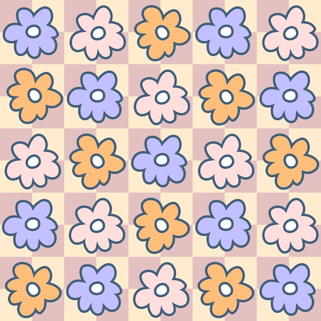 Groovy doodle flores hippie estética de patrones sin fisuras Estampado de tablero de ajedrez floral para papel de tela Camiseta Funky doodle vector ilustración para decoración y diseño