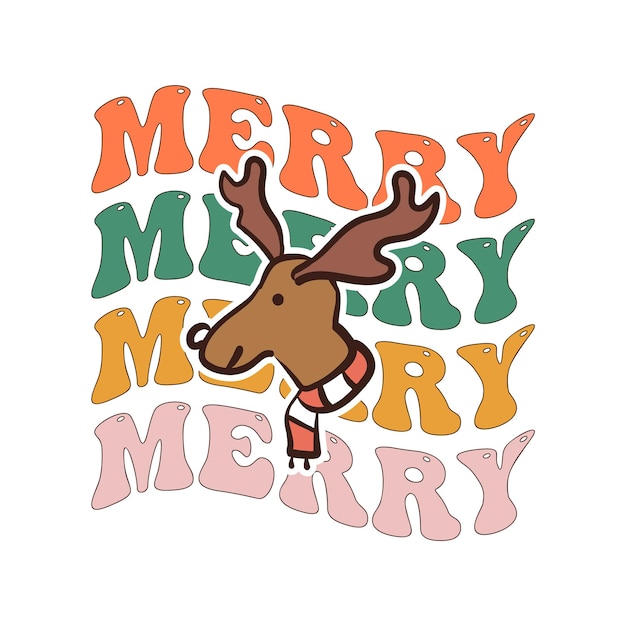 Groovy estampado navideño con lindos renos y cita feliz feliz feliz navidad retro stock de gráficos