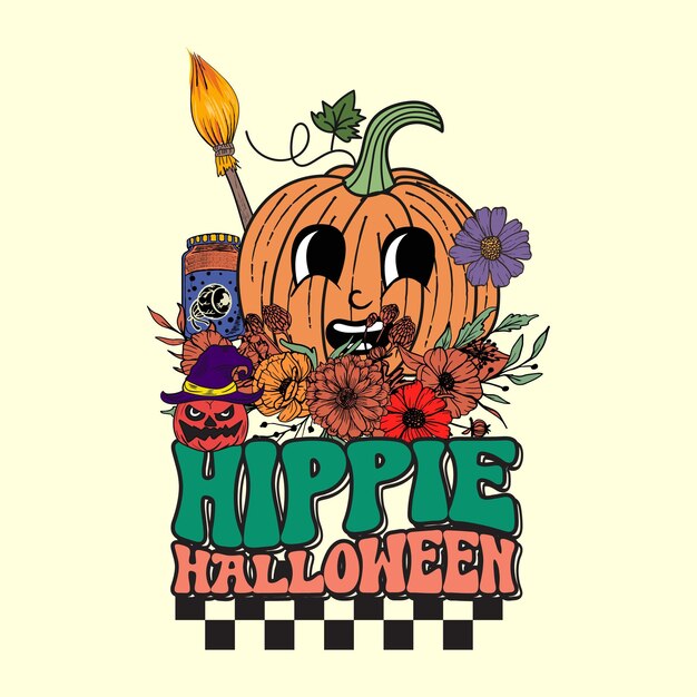 Groovy estilo Hippie Halloween retro halloween camiseta ilustración, diseño de camiseta vintage