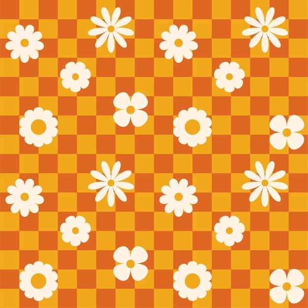 Groovy flor patrón a cuadros retro patrón sin costuras con flores simples en el estilo groovy de los años setenta