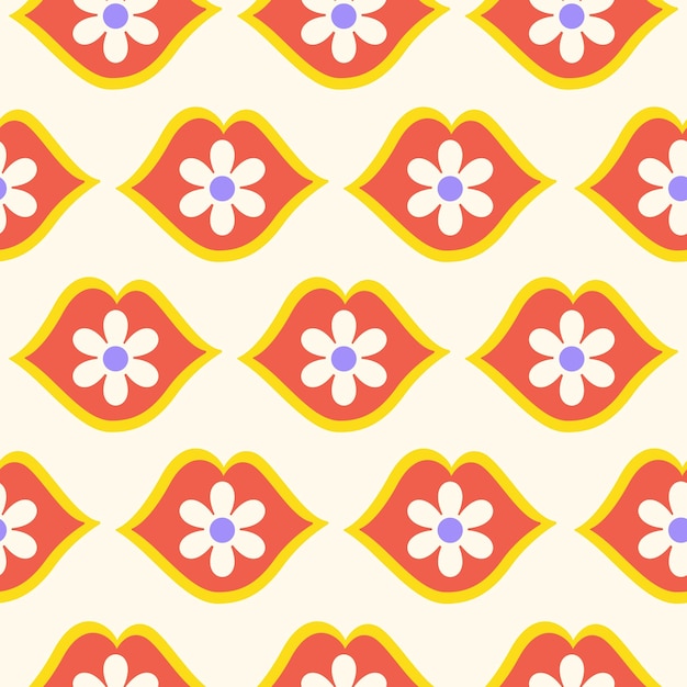 Groovy floral de patrones sin fisuras con labios rojos y flores de margarita