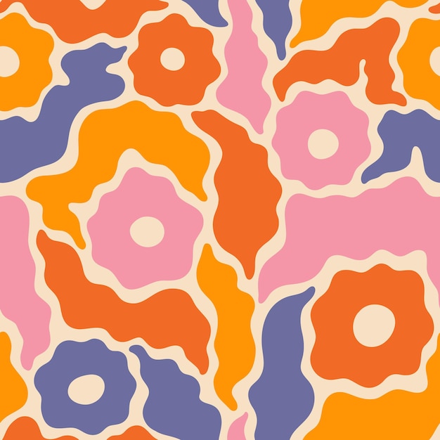 Groovy flores y hojas de patrones sin fisuras fondo de vector floral en estilo retro hippie de los años 70