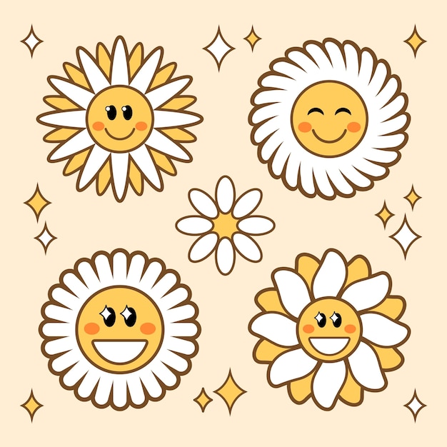 Groovy flores de manzanilla blanca con graciosas caras sonrientes