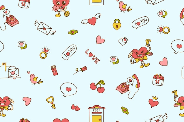 Groovy hermoso fondo Concepto de amor Feliz tarjeta de felicitación del día de San Valentín Patrón y textura funky en el estilo de dibujos animados retro de los años 60 y 70 Patrón sin costuras vectorial en colores rosados rojos