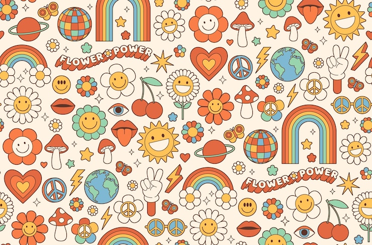 Vector groovy hippie 1970s fondo dibujos animados divertidos flor arco iris paz amor corazón margarita hongo
