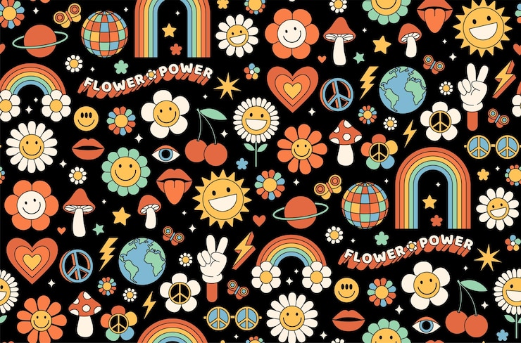 Vector groovy hippie 1970s fondo dibujos animados divertidos flor arco iris paz amor corazón margarita hongo