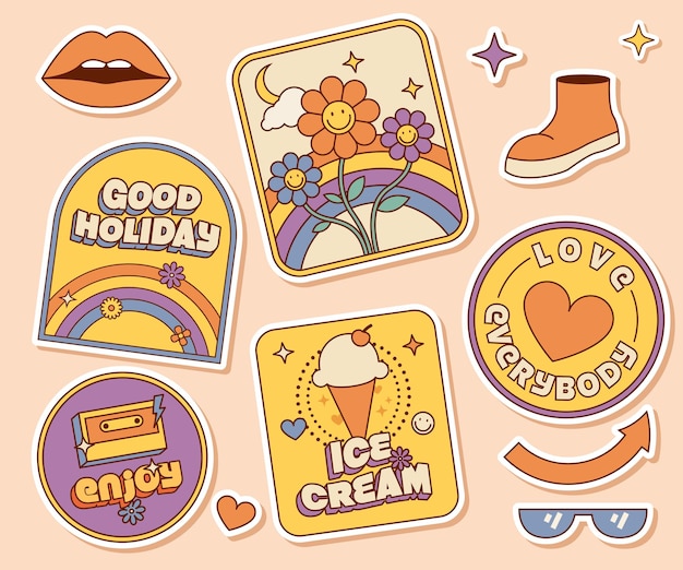 Vector groovy hippie 70s badge sticker pack en ilustración de dibujos animados retro vintage. arcoiris y hielo vol 3