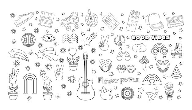 Groovy hippie 70s clásico y2k 90s y 2000s estético Contorno estilo conjunto de elementos vintage Ilustración vectorial dibujada a mano