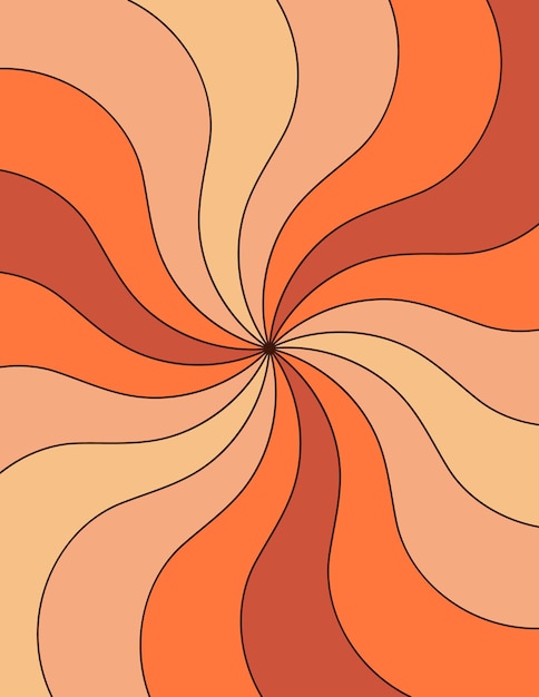 Groovy Hippie 70s Ondulado Retro Sunburst Fondo vertical Vector remolino radial rayas banner