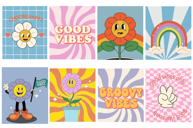 Vector groovy hippie 70s set dibujos animados divertidos flor arco iris paz amor corazón margarita hongo, etc.