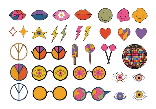 Groovy hippie 70s set Dibujos animados divertidos flor arco iris paz Amor corazón margarita hongo