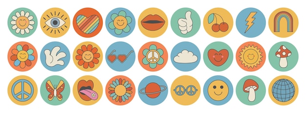 Groovy hippie 70s set Paquete de pegatinas en un moderno estilo retro de dibujos animados psicodélicos Flower power