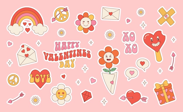 Groovy hippie amor pegatinas retro feliz día de san valentín personaje en estilo de dibujos animados retro de moda de los años 70