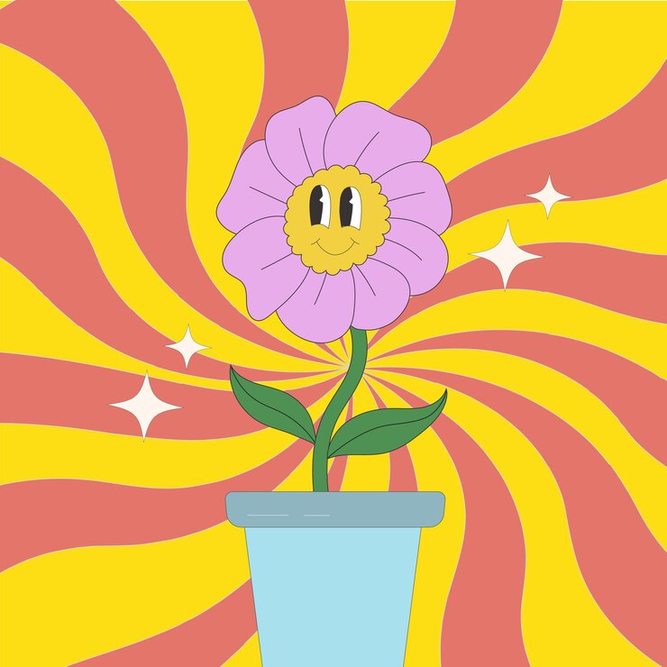 Vector groovy hippie años 70 paquete de pegatinas de flores divertidas de dibujos animados en un moderno estilo de dibujos animados psicodélicos retro