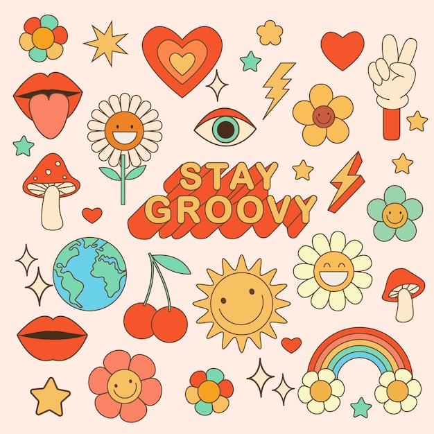 Groovy hippie años 70 set Divertidos dibujos animados flor arco iris paz Amor corazón margarita seta, etc. Palo