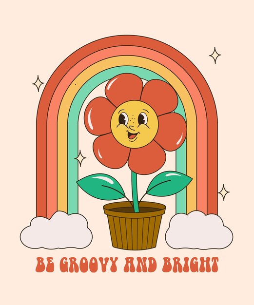 Groovy hippie años 70 set Divertidos dibujos animados flor arco iris paz Amor corazón margarita seta, etc. Palo