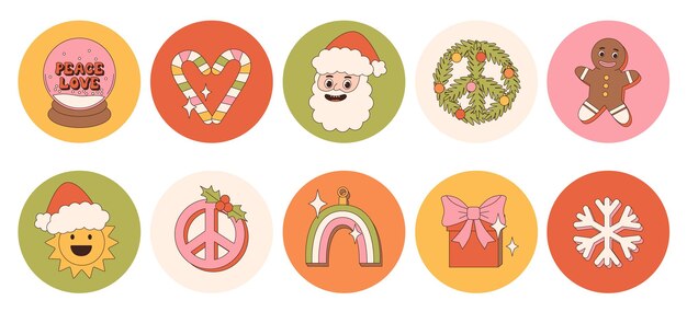 Groovy hippie Christmas round stickers Papá Noel regalos del árbol de Navidad arco iris paz ho ho ho pan de jengibre de invierno en estilo de dibujos animados retro de moda Personajes y elementos de dibujos animados