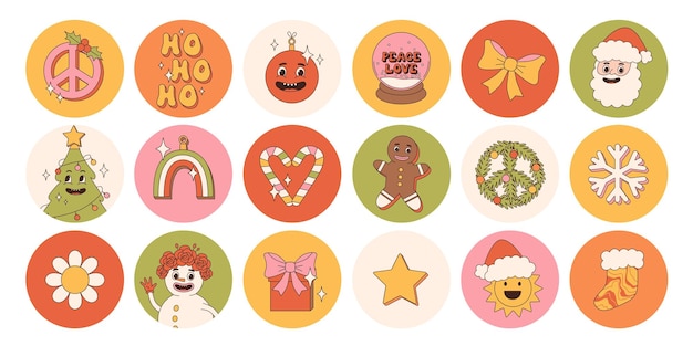 Groovy hippie Christmas round stickers Papá Noel regalos del árbol de Navidad arco iris paz ho ho ho pan de jengibre de invierno en estilo de dibujos animados retro de moda Personajes y elementos de dibujos animados