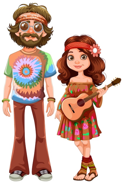 Vector groovy hippie duo con una ilustración de guitarra