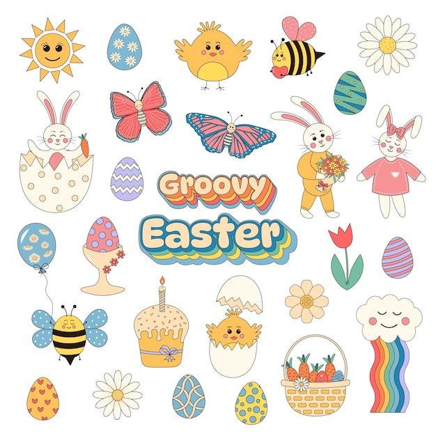 Groovy hippie Easter set Conjunto de personajes de dibujos animados y elementos en moda retro 60s 70s