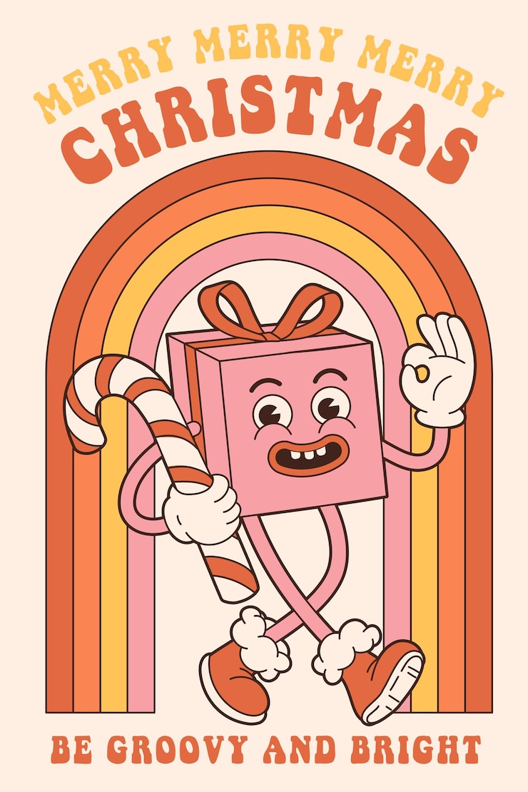 Vector groovy hippie feliz navidad y feliz año nuevo regalo arco iris caramelo en estilo de dibujos animados retro de moda