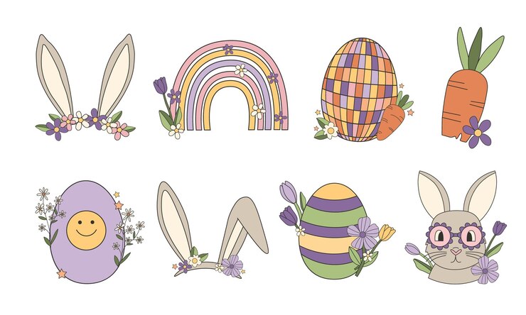 Vector groovy hippie happy easter set conejo de pascua huevos orejas de conejo zanahoria conjunto de personajes de dibujos animados y elementos en estilo de dibujos animados retro de moda de los años 60 y 70