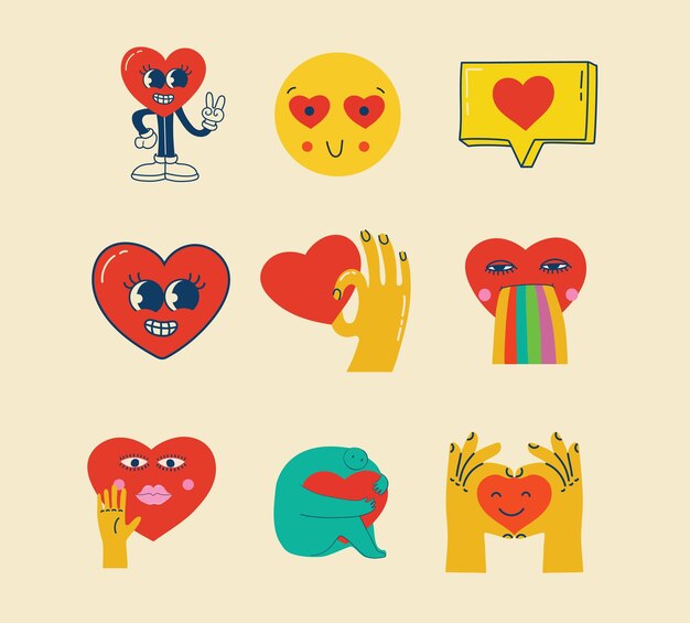 Groovy hippie love stickers set Retro feliz día de San Valentín Personaje cómico de corazón feliz en el moderno estilo retro de dibujos animados de los años 60 y 70 Conjunto de elementos y personajes retro