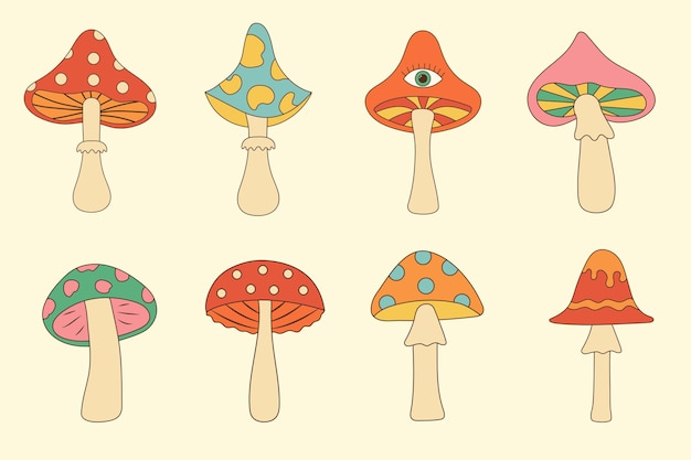 Groovy Hippie Mushroom Set Setas de fantasía alucinógenas psicodélicas Vector de color lineal