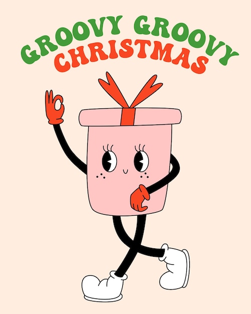 Groovy hippie Navidad Caja de regalo en el estilo de dibujos animados retro de moda Feliz Navidad y Feliz Año Nuevo tarjeta de felicitación póster impresión de invitación de fiesta fondo