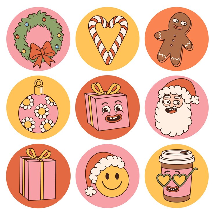 Vector groovy hippie navidad pegatinas santa sonrisa regalo pan de jengibre en estilo de dibujos animados retro de moda