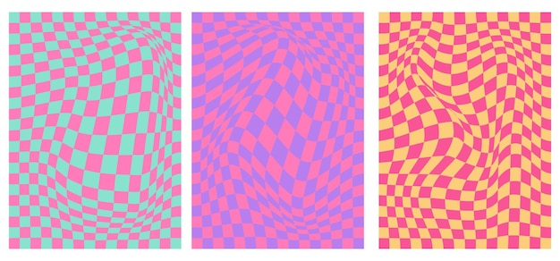 Groovy hippie set de fondo vectorial de los años 70 con textura de patrón de tablero de ajedrez en un estilo psicodélico retro de moda