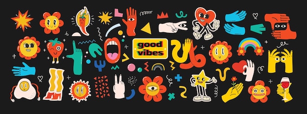 Groovy hippie sticker character Comic happy retro girls personajes de pegatinas geométricas en estilo de dibujos animados retro de moda de los años 60 y 70 Conjunto de ilustraciones vectoriales aisladas vintage