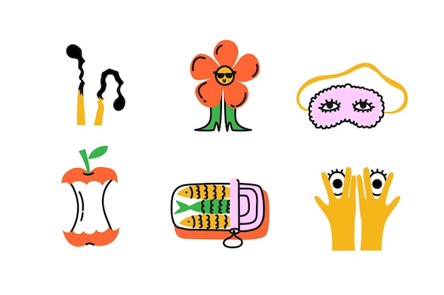 Groovy hipster set de ilustraciones de pegatinas de estilo de los años 90 Colección de ilustraciones retro de moda