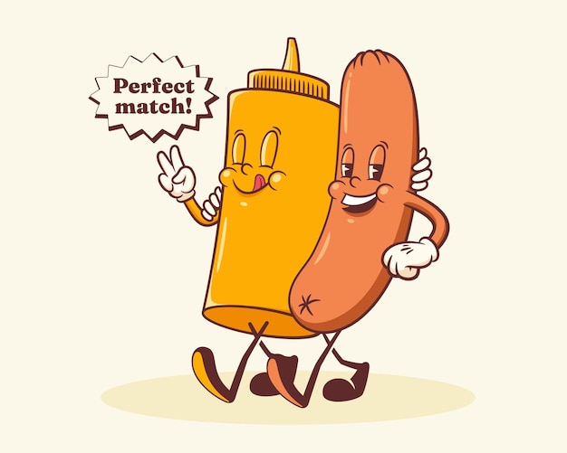Groovy Hotdog Retro personajes de dibujos animados salchichas botella de mostaza vector de comida plantilla de mascota