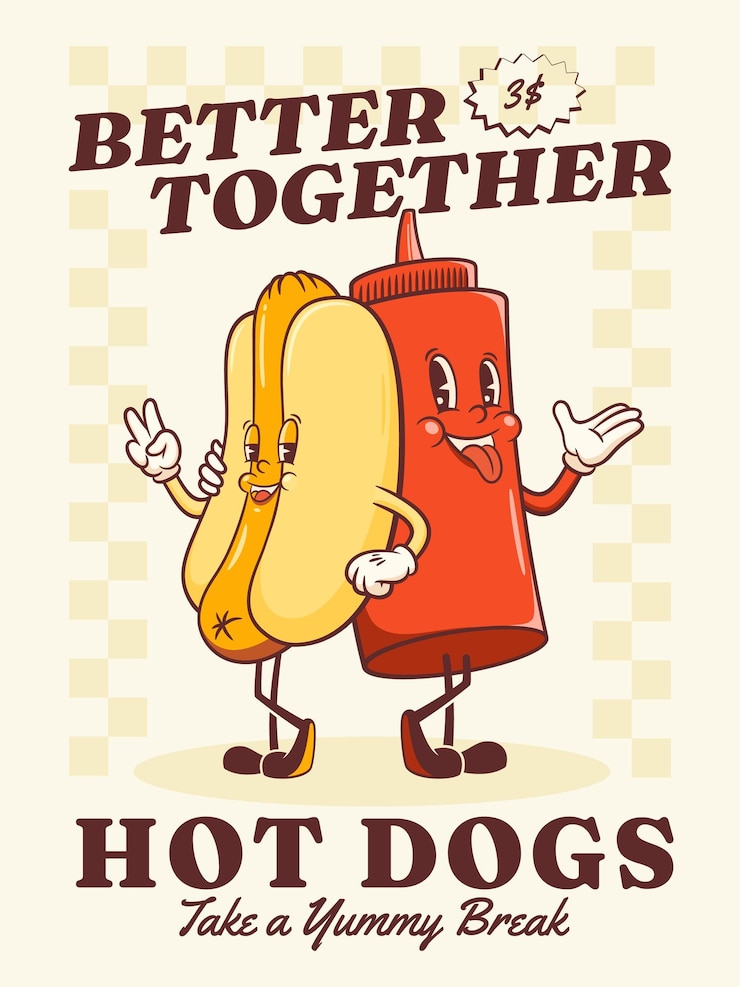 Vector groovy hotdog retro poster de personajes de dibujos animados salchichas botella de ketchup vector mascota de comida fondo