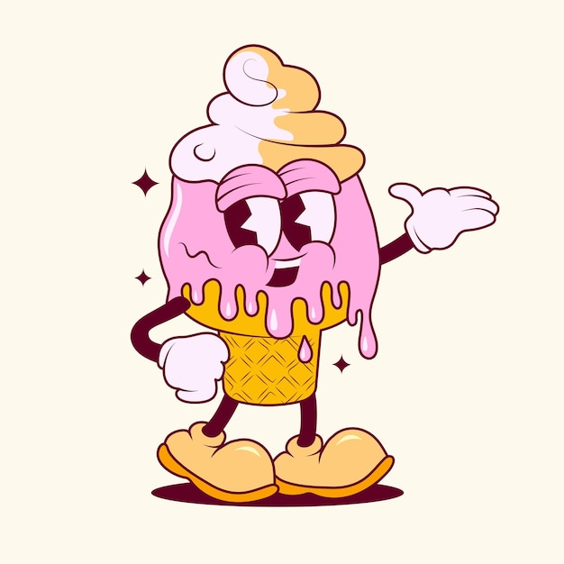 Groovy Ice Cream personaje de dibujos animados Logotipo de helado en estilo de dibuyos animados plano Funny Retro Gelato