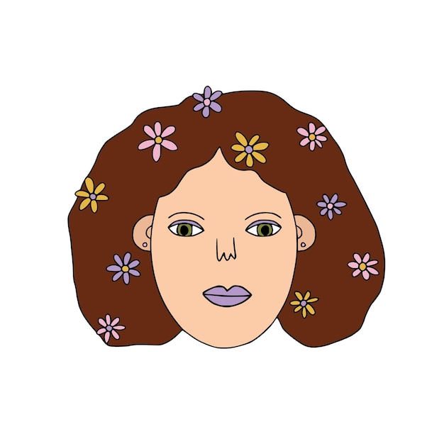 Groovy linda cara de niña con labios lilas y cabello castaño con flores en estilo de garabato retro aislado en el fondo blanco