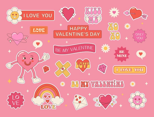 Groovy love stickers y parches vintage Día de San Valentín retro Personajes divertidos en estilo de dibujos animados de moda