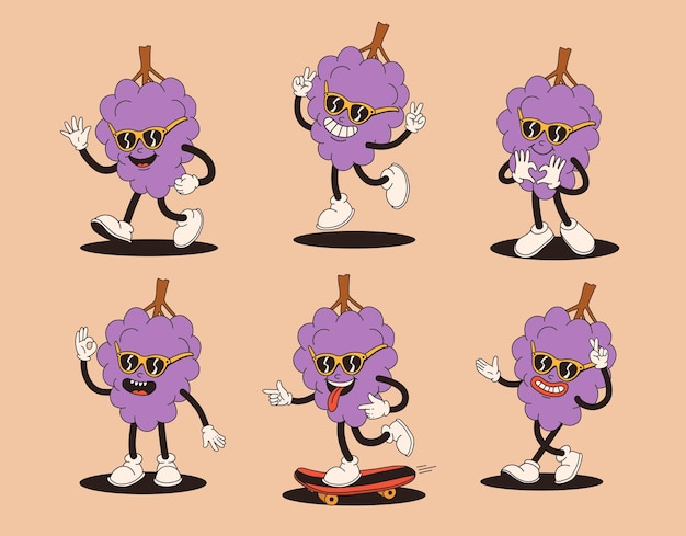 Vector groovy mascota de la uva en diferentes poses funky personaje retro conjunto de uvas de dibujos animados