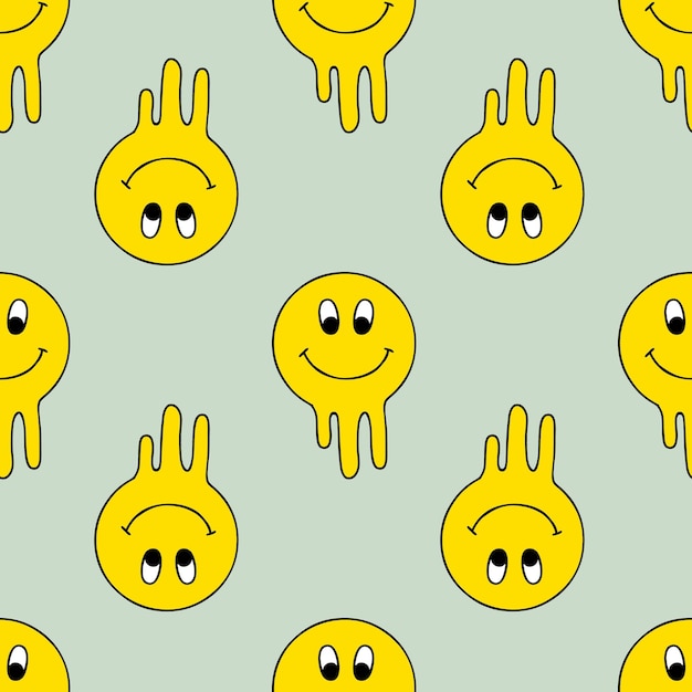 Groovy patrón sin costuras con cara de sonrisa de goteo Impresión loca para tee textil y tela Ilustración vectorial dibujada a mano para decoración y diseño