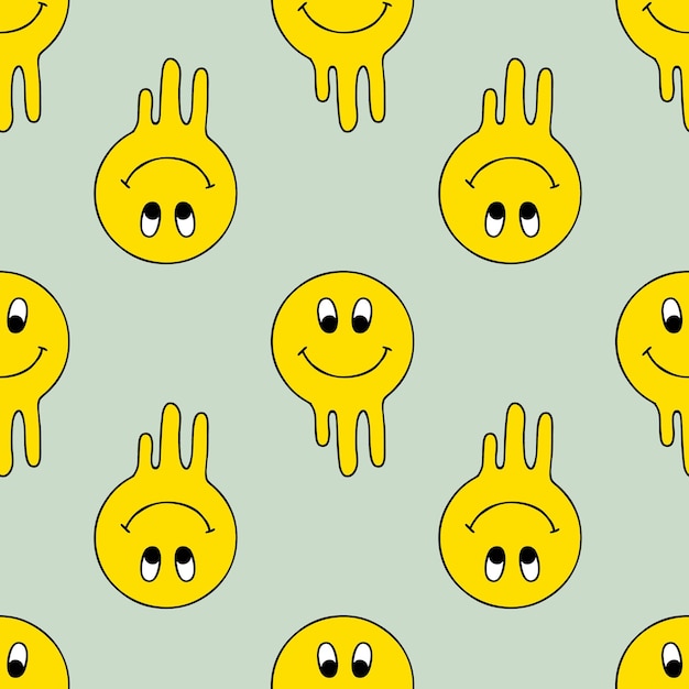 Groovy patrón sin costuras con cara de sonrisa de goteo Impresión loca para tee textil y tela Ilustración vectorial dibujada a mano para decoración y diseño